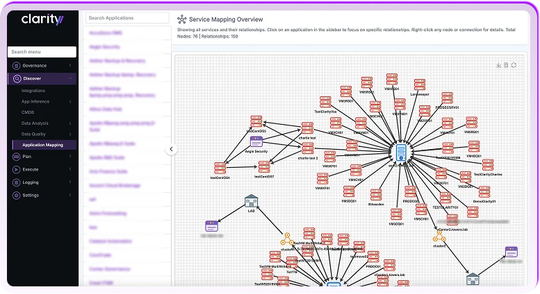Clarity Application Mapping view showing application dependencies and connected servers